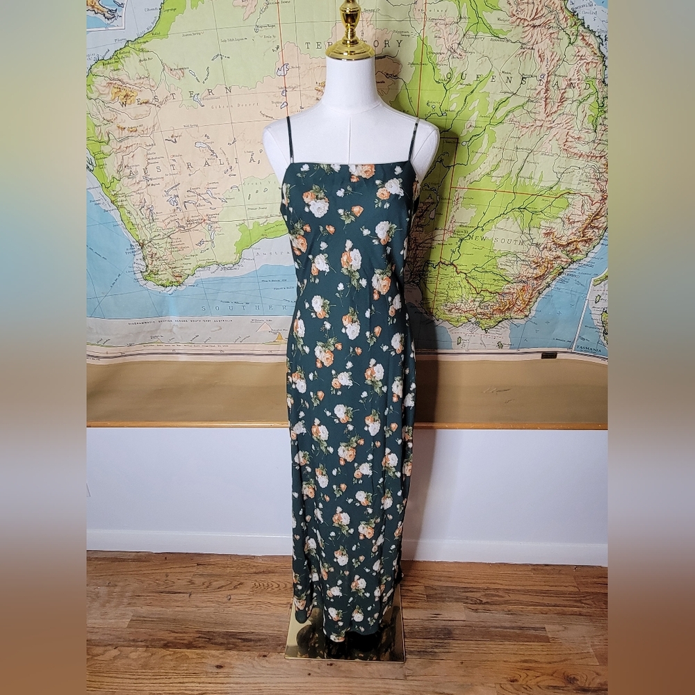 The Workshop Dark Green Floral Maxi Dress Spaghette Straps. Garden Girl Cottage - Picture 2 of 11